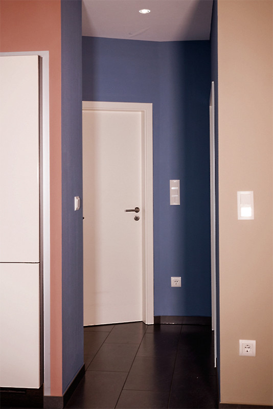 Foto di un piccolo ingresso o corridoio contemporaneo con pareti blu, pavimento con piastrelle in ceramica e pavimento nero