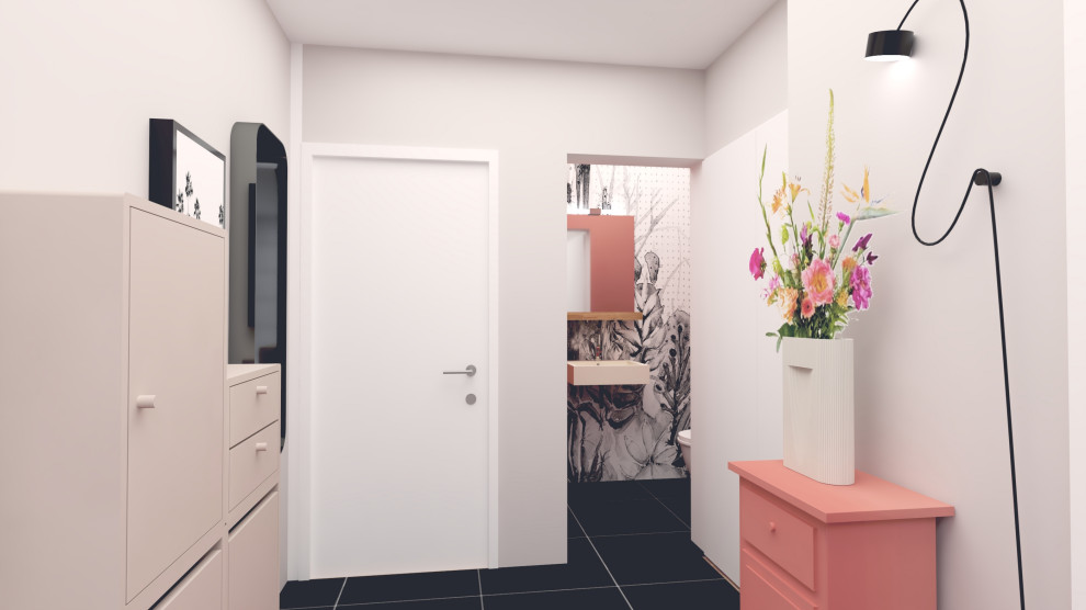 Inspiration pour un petit couloir vintage avec un mur beige, un sol en carrelage de céramique et un sol noir.