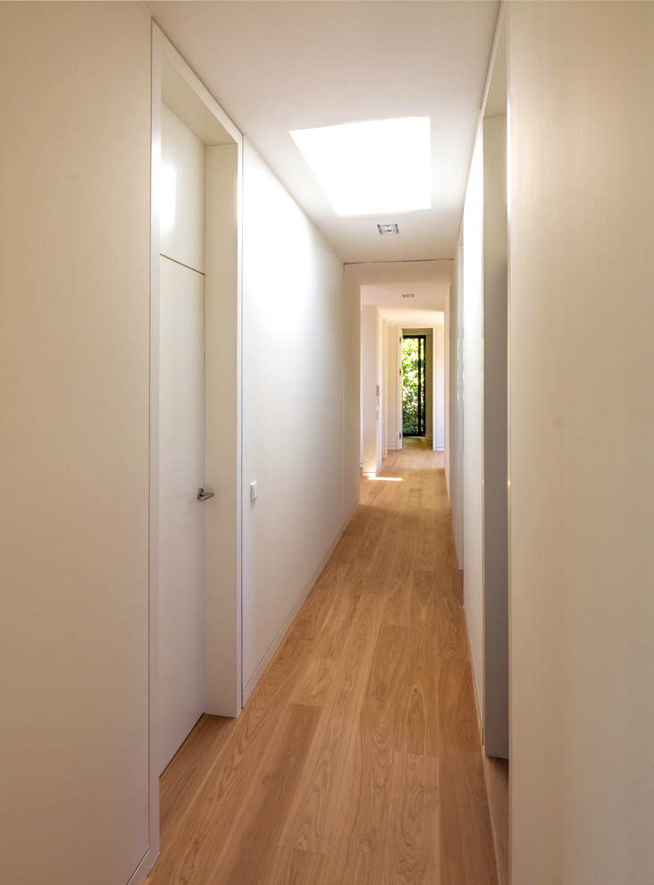 フランクフルトにある高級な中くらいなコンテンポラリースタイルのおしゃれな廊下 (白い壁、淡色無垢フローリング) の写真