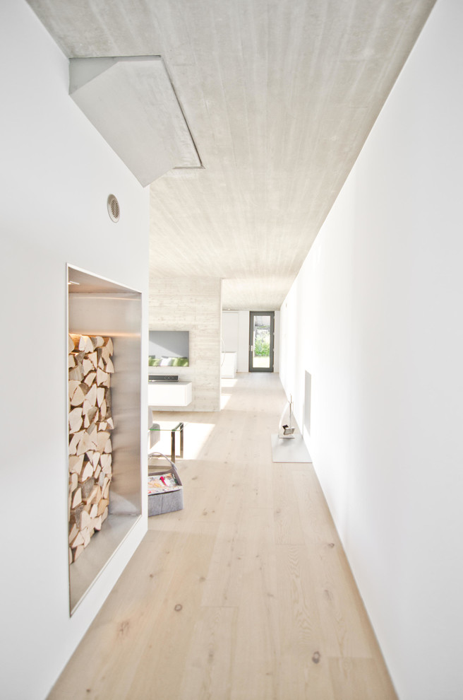 Mittelgroßer Moderner Flur mit weißer Wandfarbe und hellem Holzboden in Sonstige