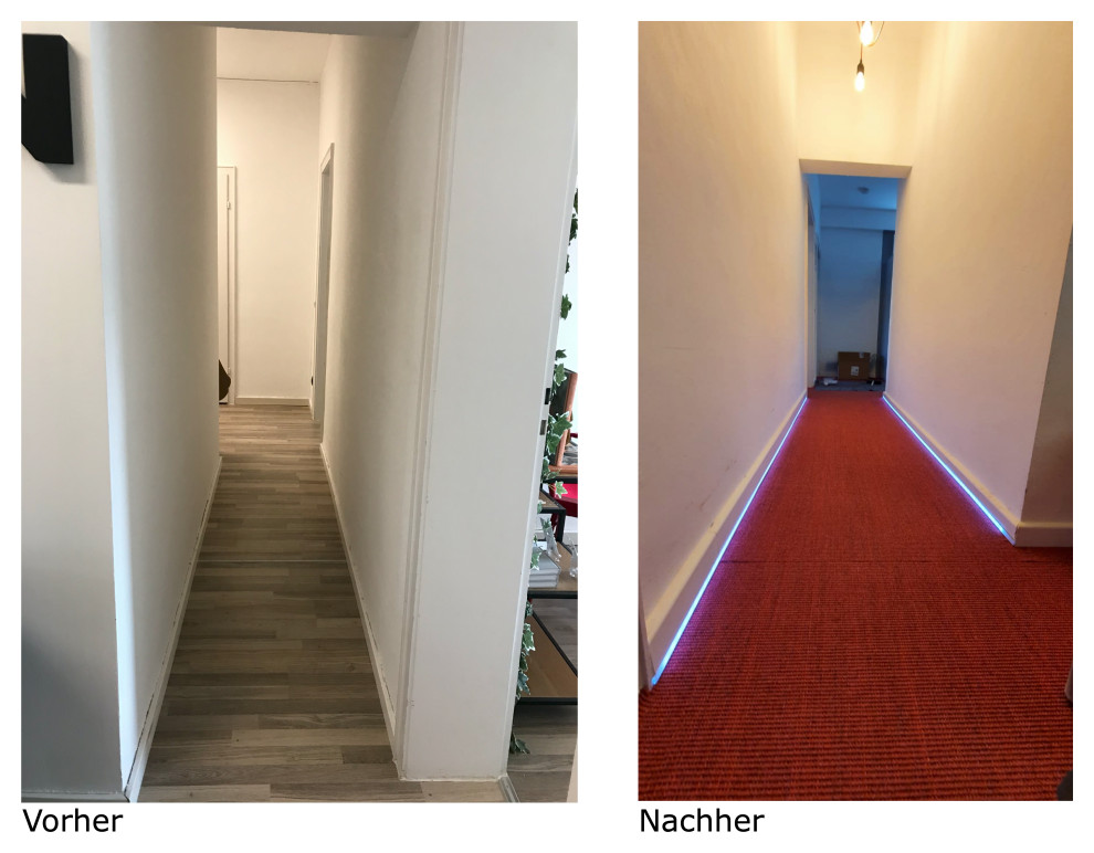 Mittelgroßer Moderner Flur mit Teppichboden, rotem Boden, Tapetendecke, Tapetenwänden und weißer Wandfarbe in Köln