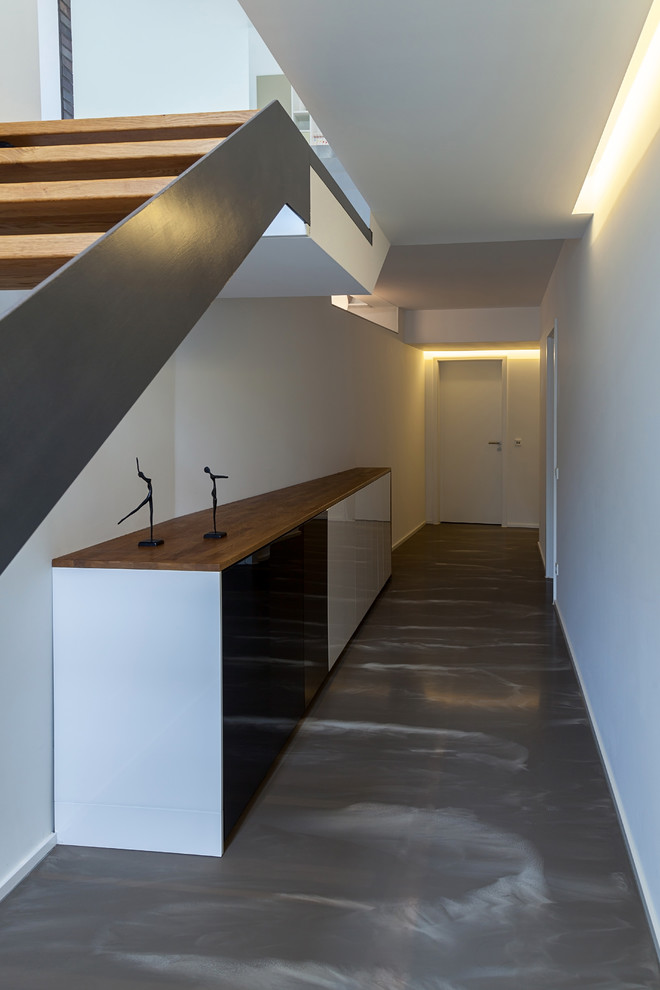 Modelo de recibidores y pasillos minimalistas con paredes blancas, suelo de cemento y suelo gris
