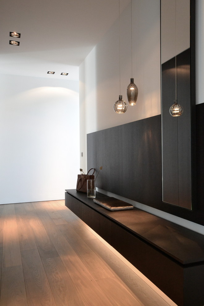 Cette photo montre un couloir moderne de taille moyenne avec un mur blanc et un sol en bois brun.