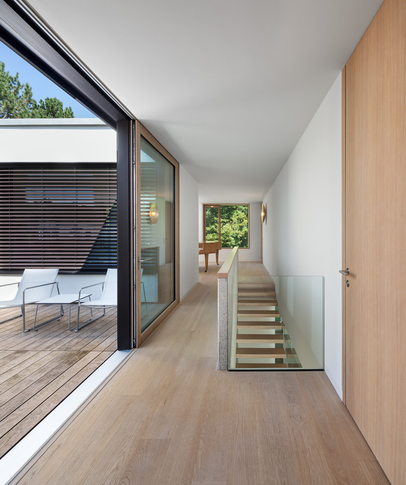 Foto de recibidores y pasillos minimalistas de tamaño medio con paredes blancas y suelo de madera en tonos medios
