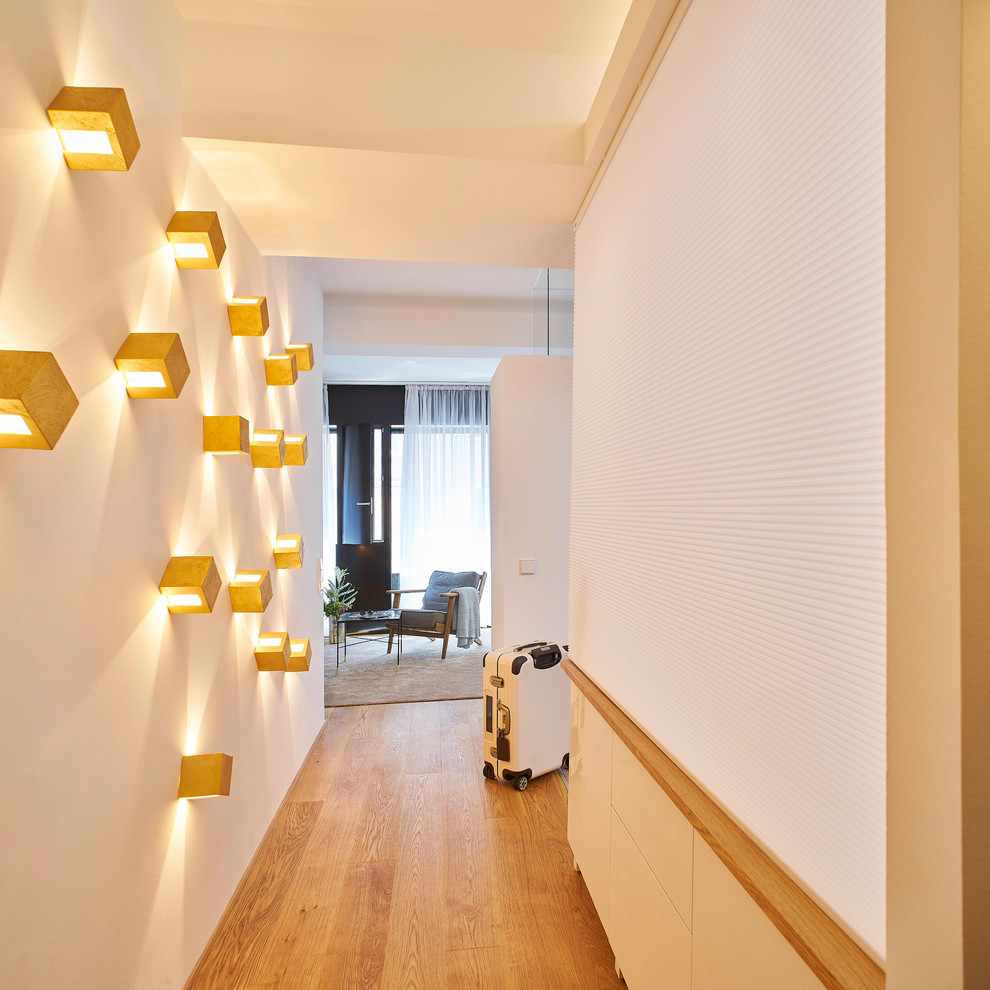 Идея дизайна: большой коридор в современном стиле с белыми стенами, паркетным полом среднего тона и коричневым полом