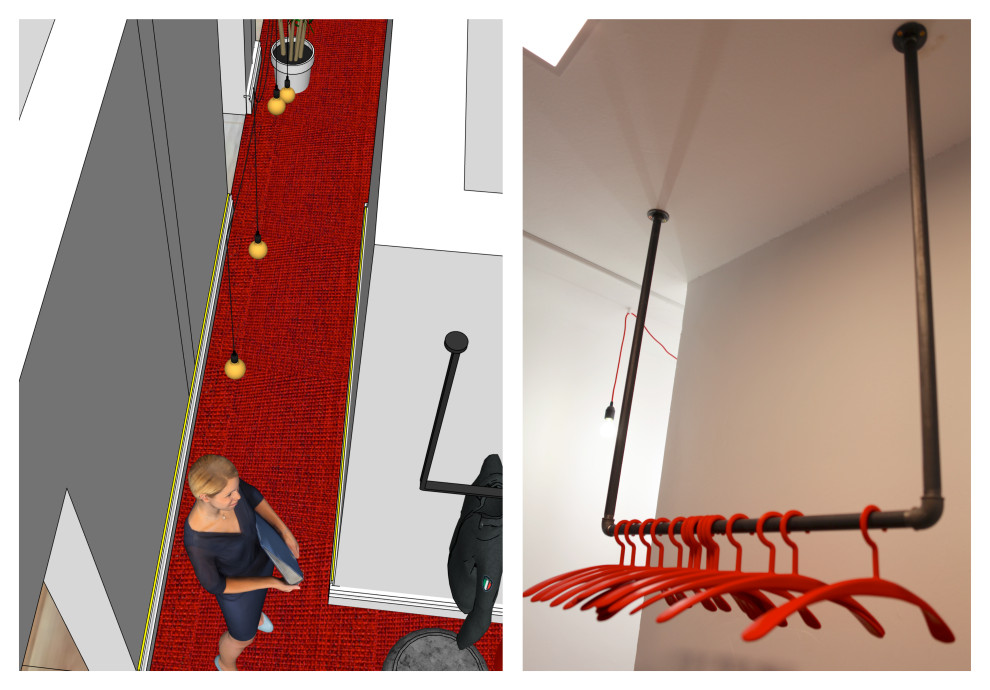 Idée de décoration pour un couloir design de taille moyenne avec un mur gris, moquette, un sol rouge, un plafond en papier peint et du papier peint.