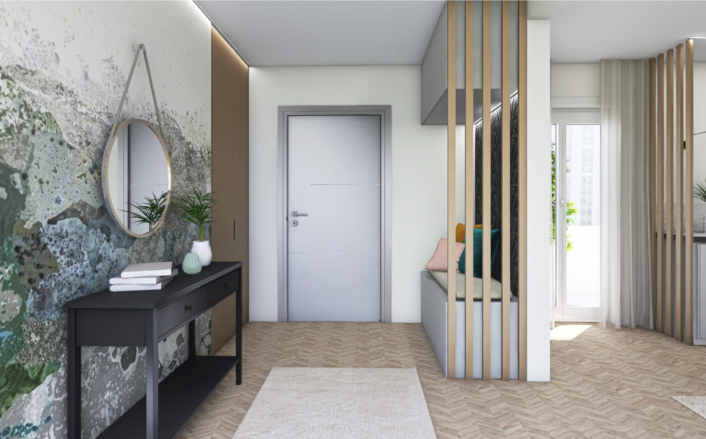 Foto de recibidores y pasillos contemporáneos pequeños con paredes beige, suelo de madera clara, suelo beige y papel pintado