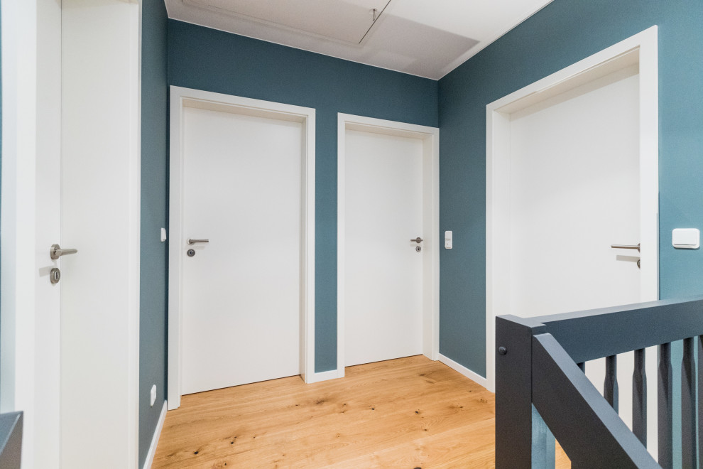 Foto de recibidores y pasillos actuales de tamaño medio con paredes azules, suelo de madera en tonos medios y suelo marrón