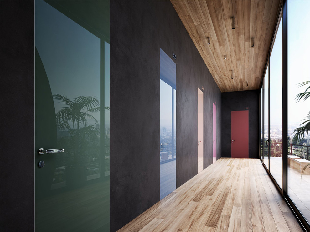 Ispirazione per un ampio ingresso o corridoio minimal con pareti nere, parquet chiaro e pavimento beige