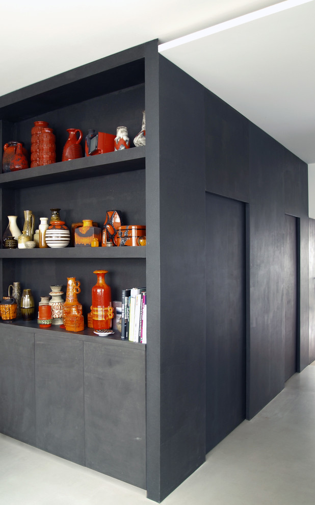 Источник вдохновения для домашнего уюта: коридор среднего размера в современном стиле с черными стенами и бетонным полом