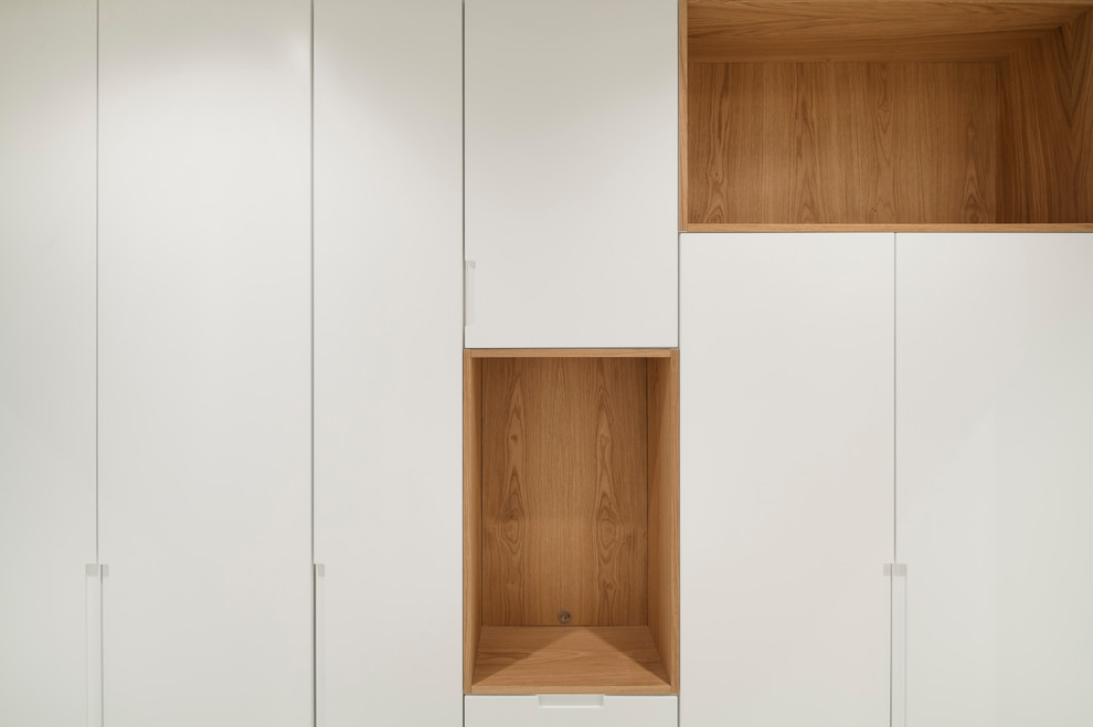 Diseño de recibidores y pasillos minimalistas de tamaño medio con paredes blancas, suelo de cemento y suelo beige