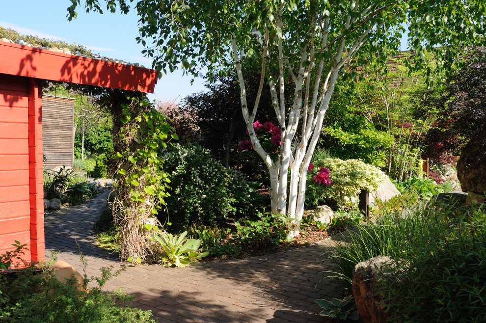 Esempio di un giardino contemporaneo esposto a mezz'ombra nel cortile laterale in estate con un ingresso o sentiero e pavimentazioni in mattoni