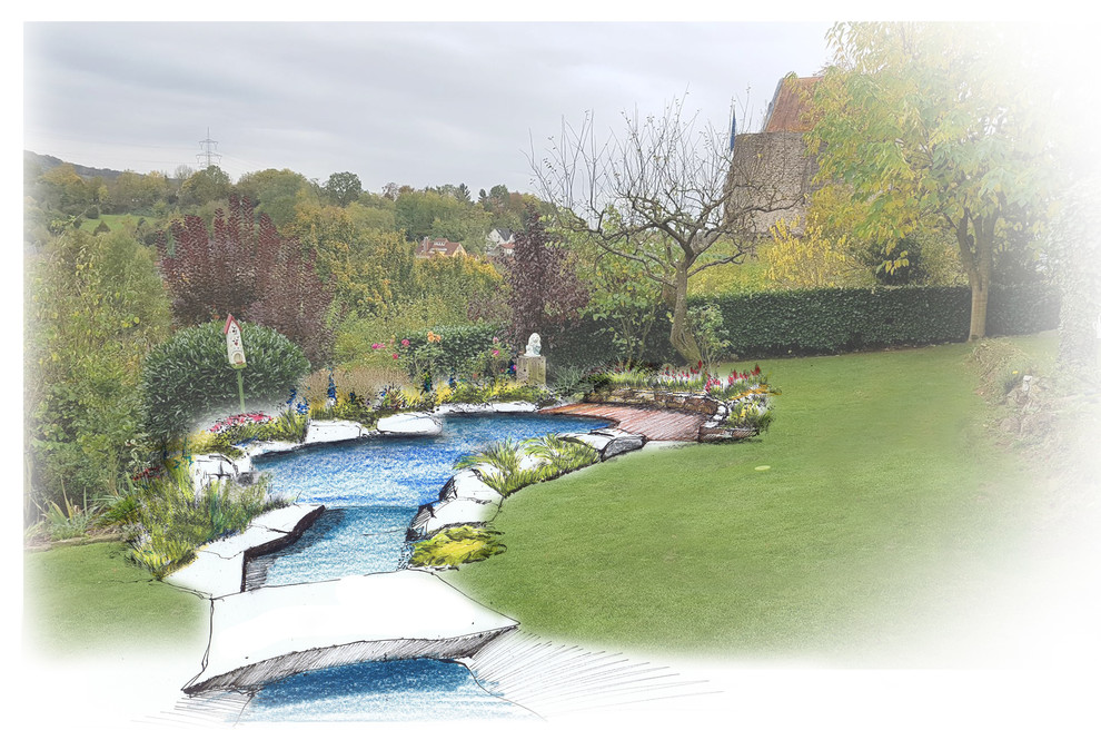 Свежая идея для дизайна: большой сад с прудом на склоне в средиземноморском стиле с покрытием из каменной брусчатки - отличное фото интерьера