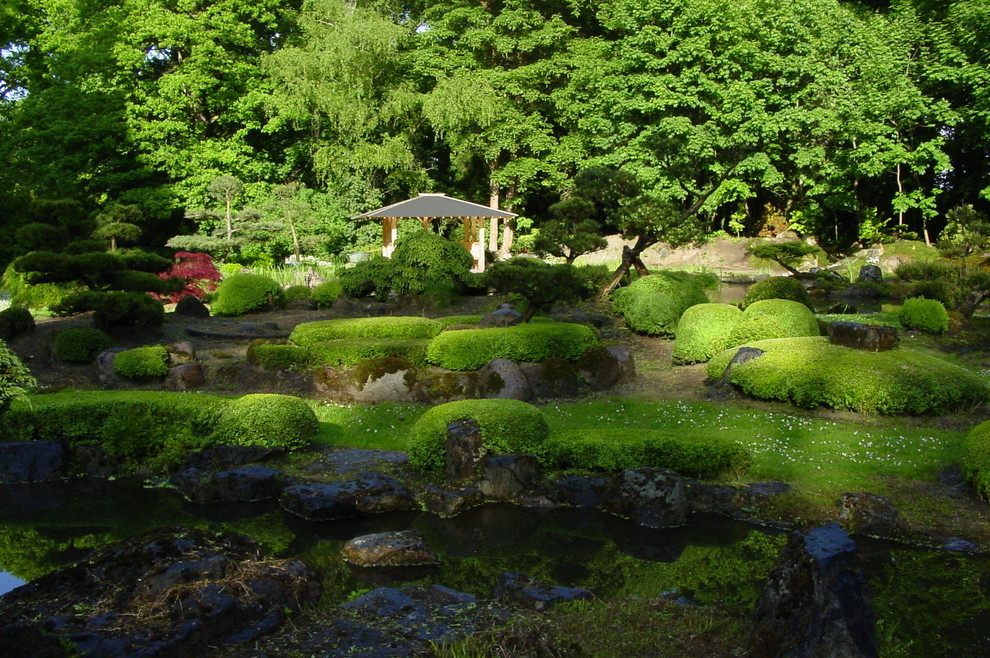 Geräumiger, Schattiger Asiatischer Garten im Sommer, neben dem Haus in Hannover