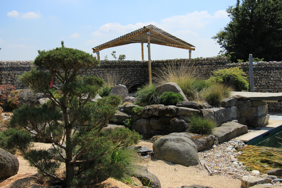 Großer Moderner Gartenteich im Sommer, neben dem Haus mit direkter Sonneneinstrahlung und Natursteinplatten in Sonstige