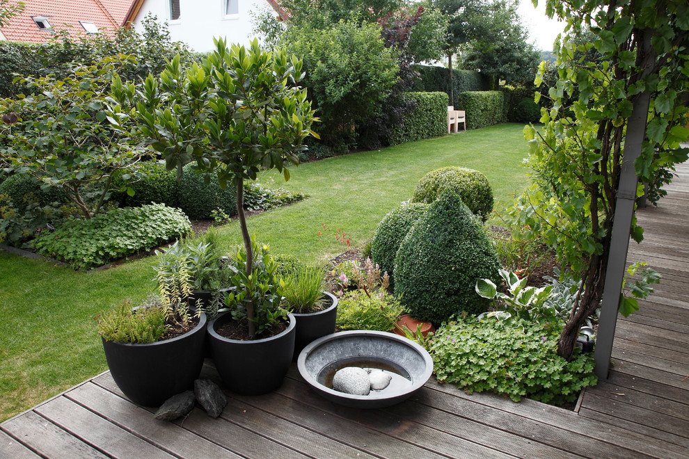 Cette photo montre un jardin en pots tendance de taille moyenne avec une exposition partiellement ombragée et une terrasse en bois.