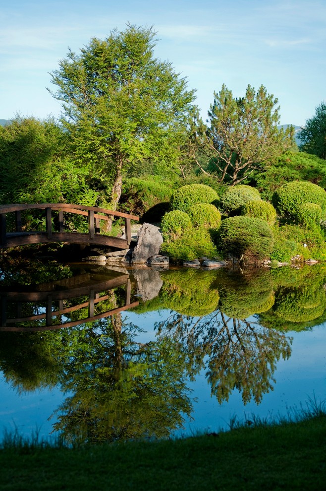 Foto på en stor orientalisk trädgård i delvis sol på sommaren, med en damm