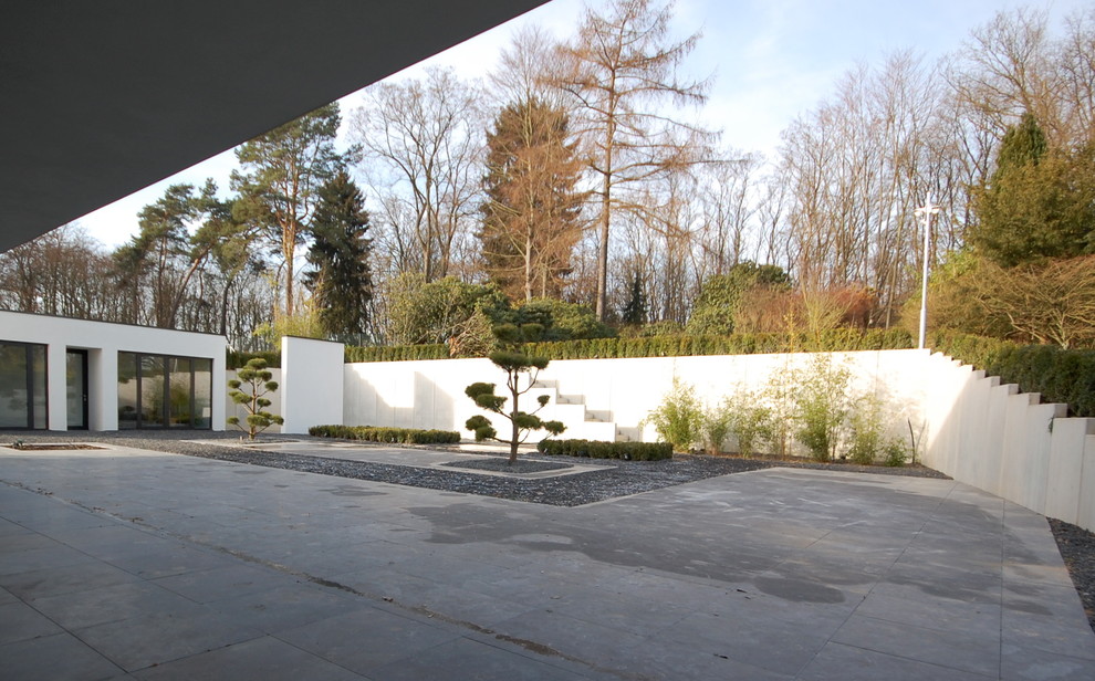 Immagine di un ampio giardino minimalista esposto a mezz'ombra in cortile con un muro di contenimento