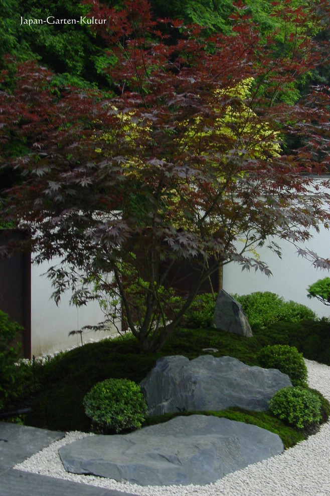 Imagen de jardín asiático de tamaño medio en verano en patio lateral con exposición total al sol y adoquines de piedra natural