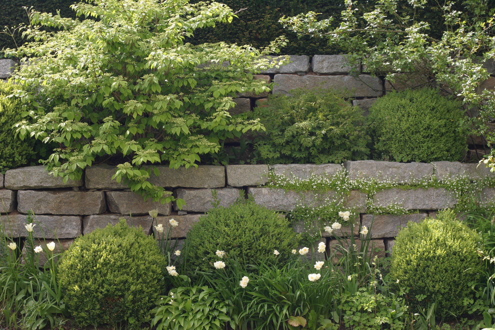 Imagen de jardín tradicional con muro de contención y adoquines de piedra natural