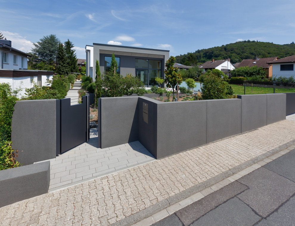 Idee per un privacy in giardino contemporaneo davanti casa con pavimentazioni in cemento