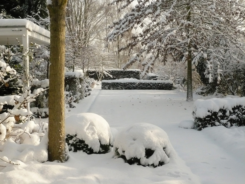 На фото: регулярный сад среднего размера, зимой на боковом дворе в классическом стиле с полуденной тенью с