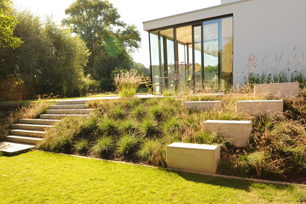 Идея дизайна: солнечный, летний участок и сад среднего размера на боковом дворе в современном стиле с хорошей освещенностью и мощением тротуарной плиткой