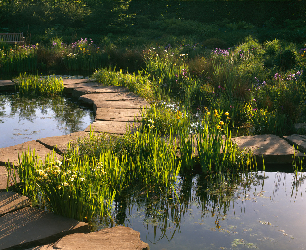 Idéer för rustika trädgårdar i delvis sol, med en fontän och naturstensplattor