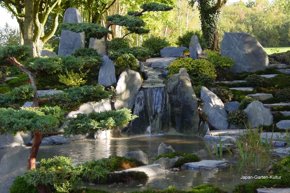 Immagine di un laghetto da giardino etnico esposto a mezz'ombra di medie dimensioni e davanti casa in estate con pavimentazioni in pietra naturale