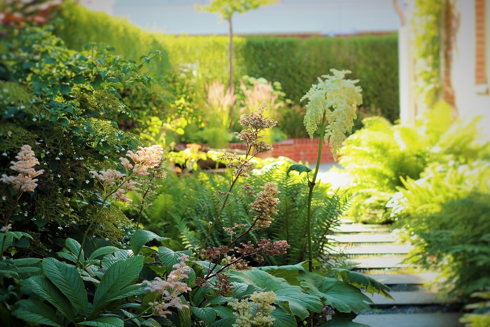 Diseño de camino de jardín actual de tamaño medio en verano en patio lateral con exposición reducida al sol y adoquines de piedra natural