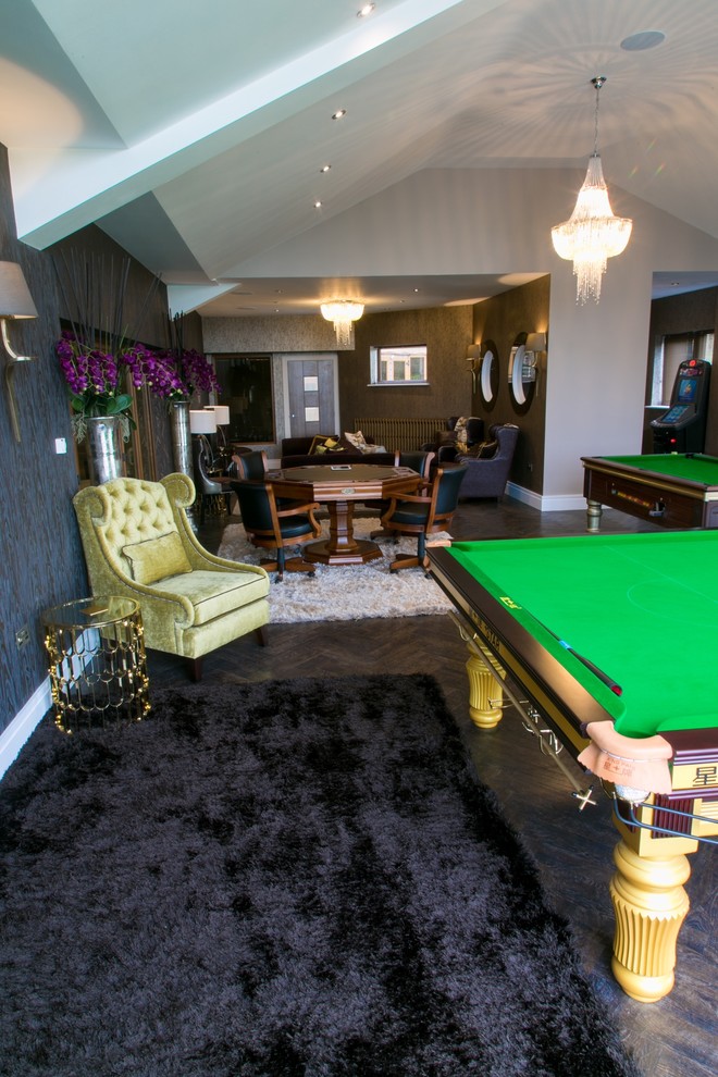 Inspiration for a large eclectic open plan games room in London with a game room, brown walls, dark hardwood flooring and a freestanding tv.