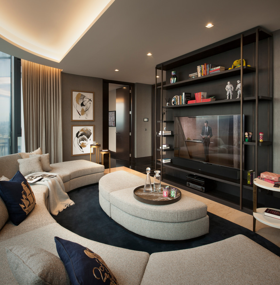 Идея дизайна: большая изолированная гостиная комната в современном стиле с серыми стенами, мраморным полом, телевизором на стене и разноцветным полом без камина