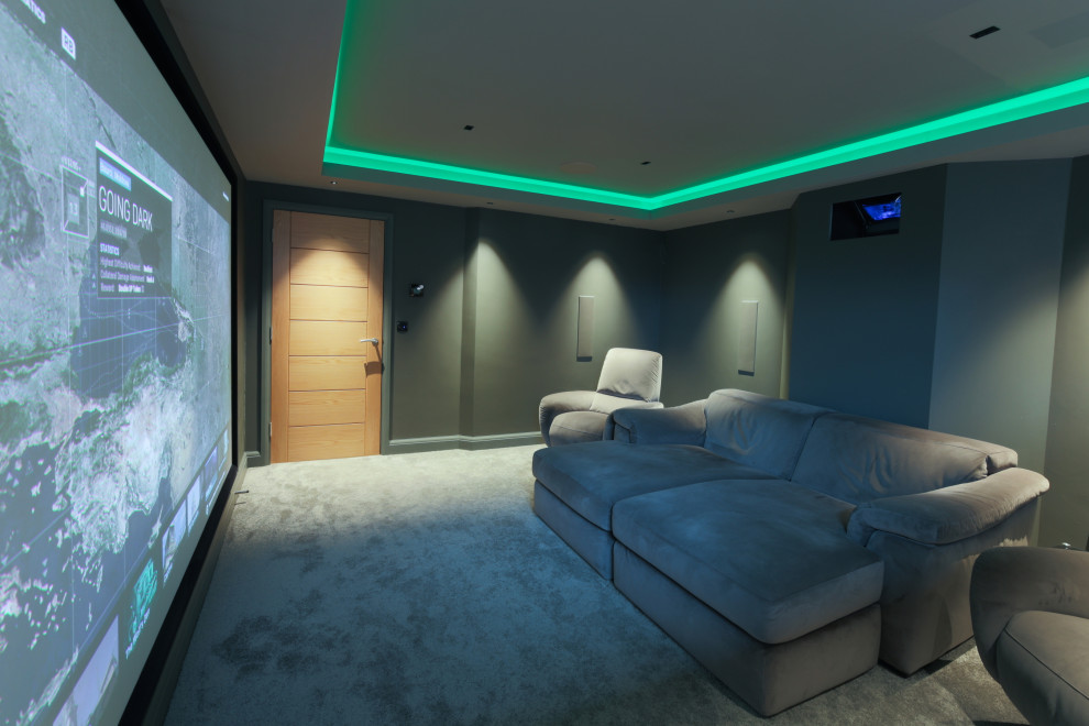 На фото: изолированный домашний кинотеатр среднего размера в стиле модернизм с серыми стенами, ковровым покрытием и серым полом с