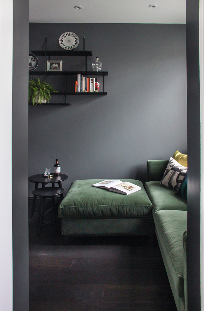 Modelo de sala de estar cerrada contemporánea pequeña con paredes negras, suelo de madera oscura, televisor independiente y suelo marrón