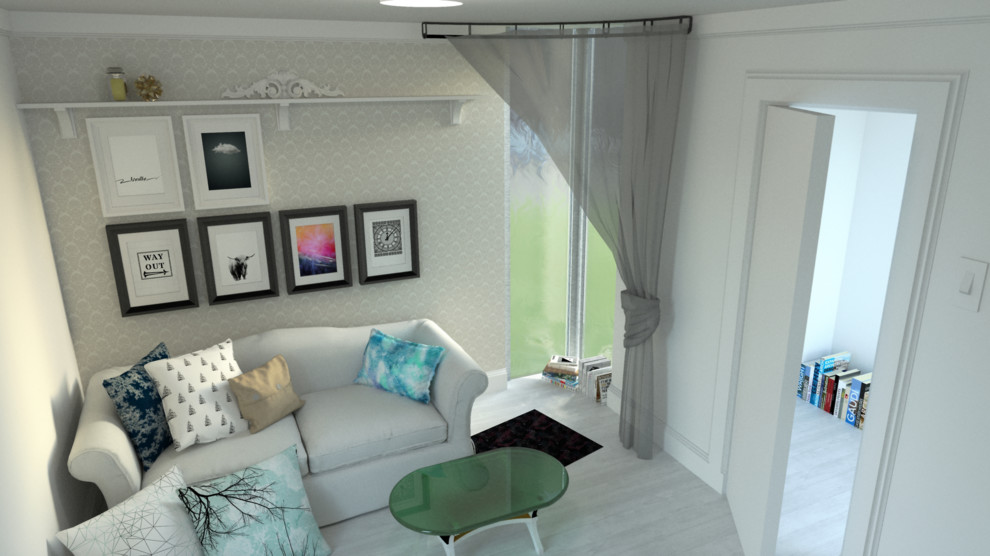 На фото: изолированная гостиная комната среднего размера в современном стиле с с книжными шкафами и полками, белыми стенами и светлым паркетным полом без камина, телевизора с