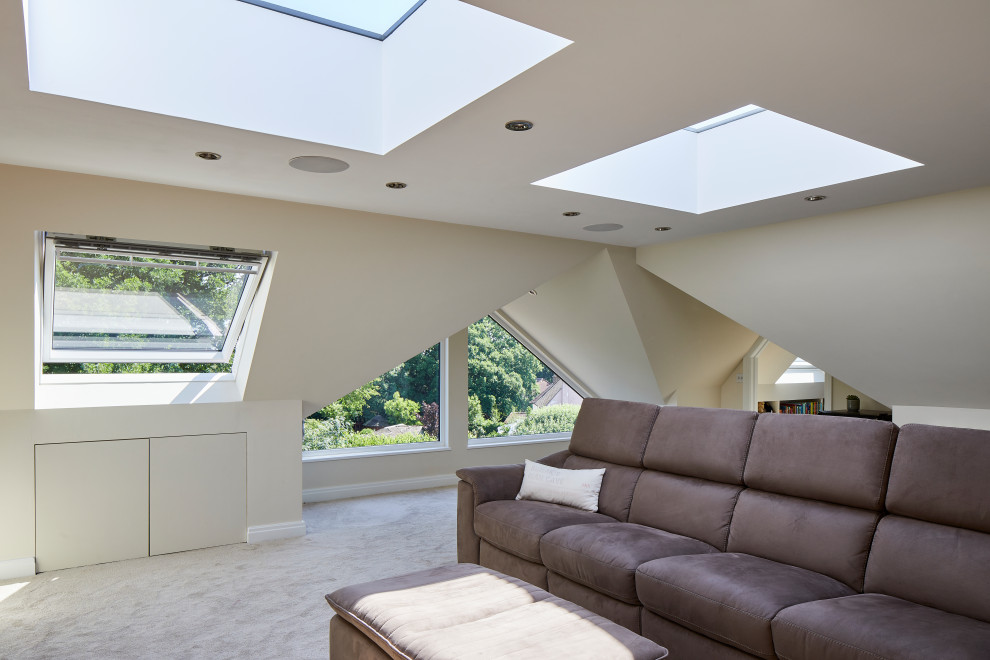 Esempio di un soggiorno minimalista di medie dimensioni e aperto con pareti bianche, moquette, pavimento grigio e soffitto a volta