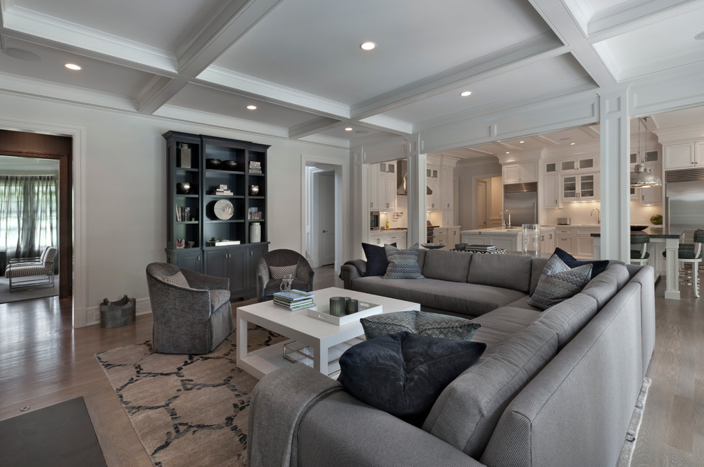 Стильный дизайн: большая гостиная комната в стиле неоклассика (современная классика) с серыми стенами, паркетным полом среднего тона и телевизором на стене - последний тренд