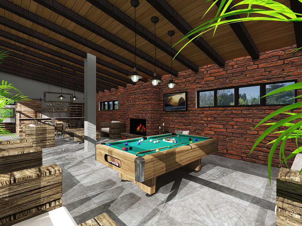 Cette image montre une grande salle de séjour chalet ouverte avec un bar de salon, un sol en brique, un poêle à bois, un téléviseur fixé au mur et un sol gris.