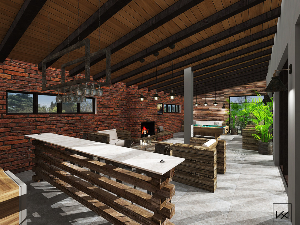 Idée de décoration pour une grande salle de séjour chalet ouverte avec un bar de salon, un sol en brique, un poêle à bois, un téléviseur fixé au mur et un sol gris.