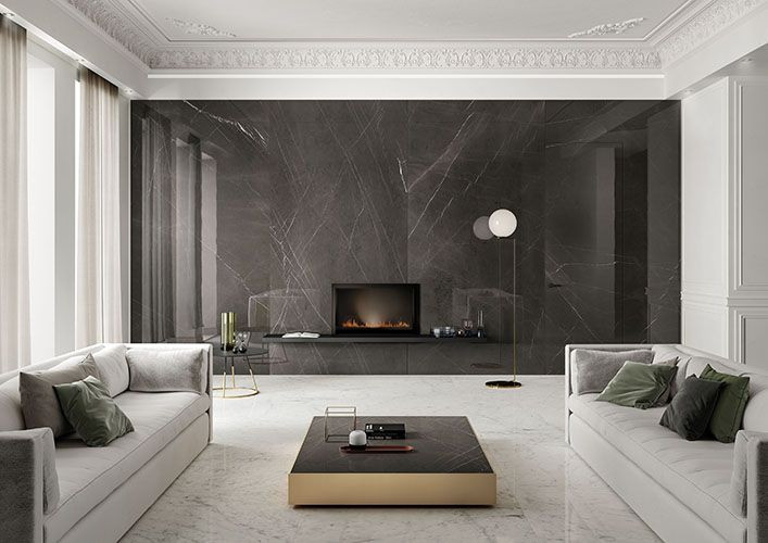 Источник вдохновения для домашнего уюта: гостиная комната в современном стиле с полом из керамогранита, стандартным камином и фасадом камина из плитки
