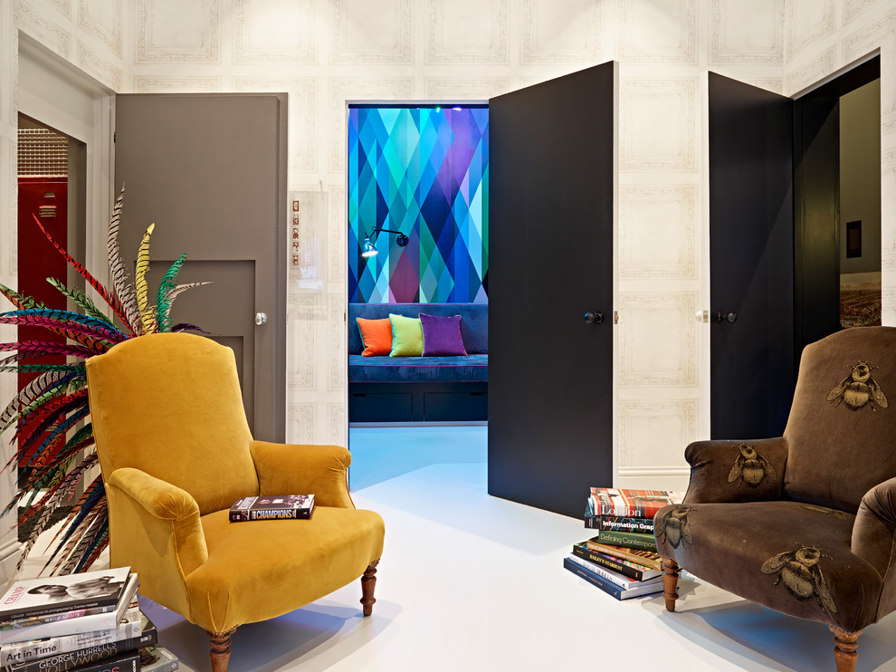 Design ideas for an eclectic enclosed games room in London with a game room and white walls.