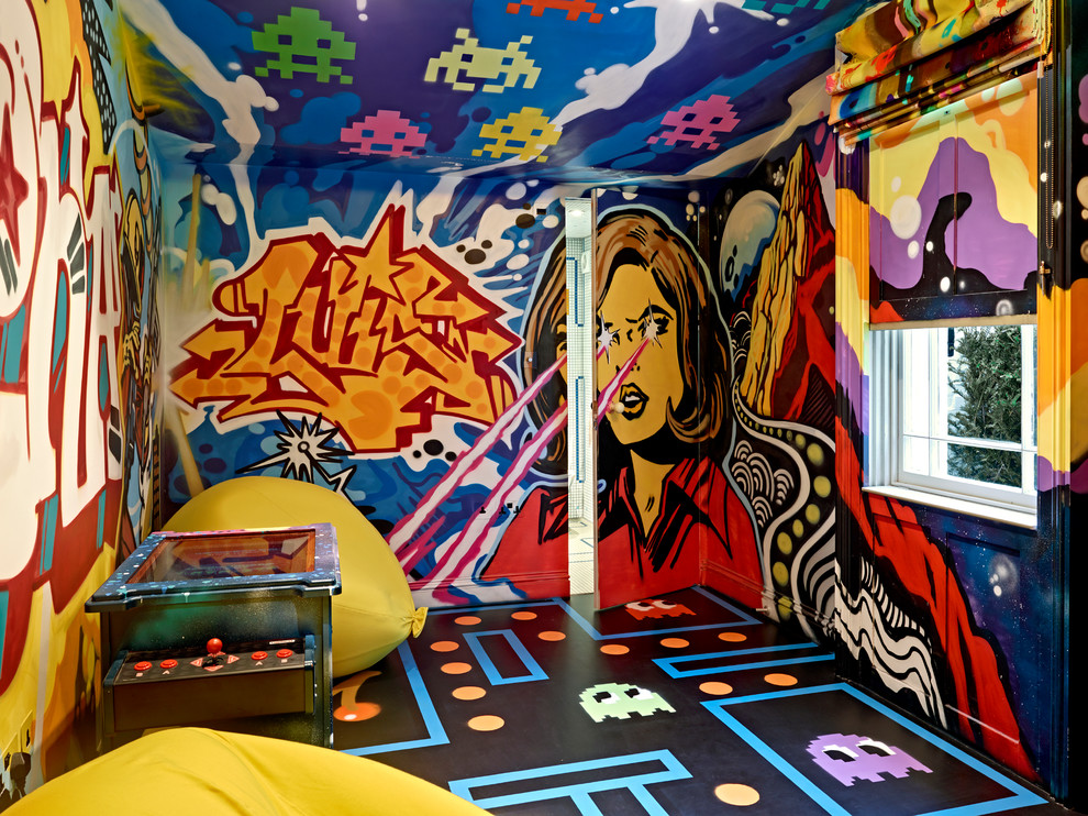 Photo of a medium sized eclectic enclosed games room in London with a game room, multi-coloured walls, multi-coloured floors and laminate floors.