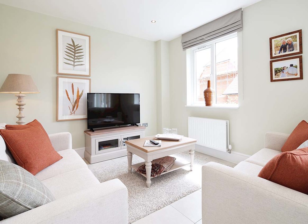 Example of a mid-sized transitional white floor family room design in Essex with a tv stand