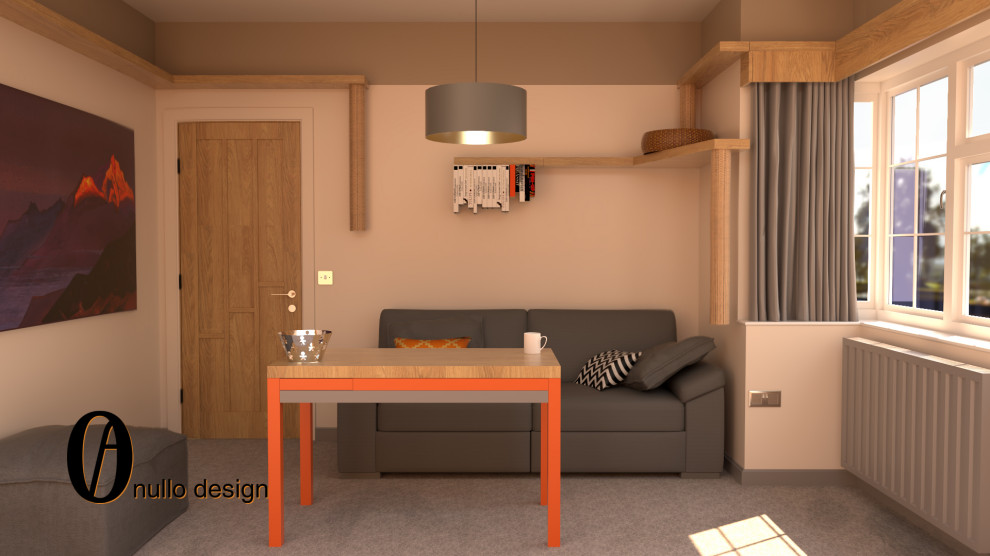 Immagine di un piccolo soggiorno minimalista chiuso con sala giochi, pareti beige, moquette, parete attrezzata e pavimento grigio