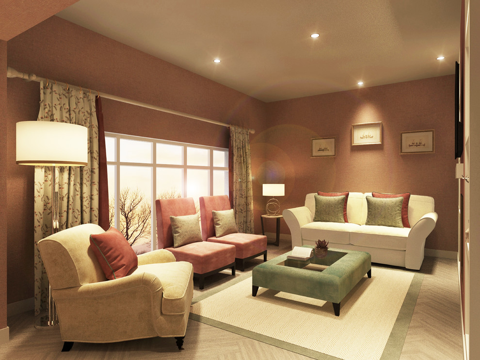Réalisation d'une petite salle de séjour minimaliste ouverte avec un mur rose, sol en stratifié, une cheminée double-face, un téléviseur fixé au mur et un sol gris.