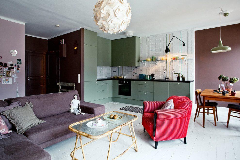 Example of a mid-sized eclectic open concept painted wood floor family room design in Stockholm with purple walls, no fireplace and no tv