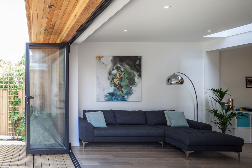 Modernes Wohnzimmer mit weißer Wandfarbe in Surrey