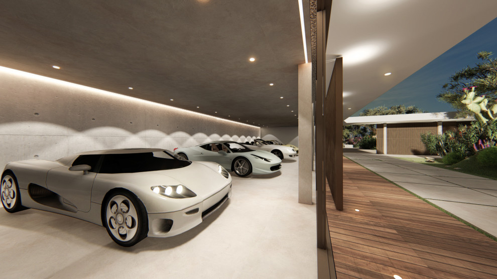 Idée de décoration pour un grand garage pour quatre voitures ou plus attenant design.
