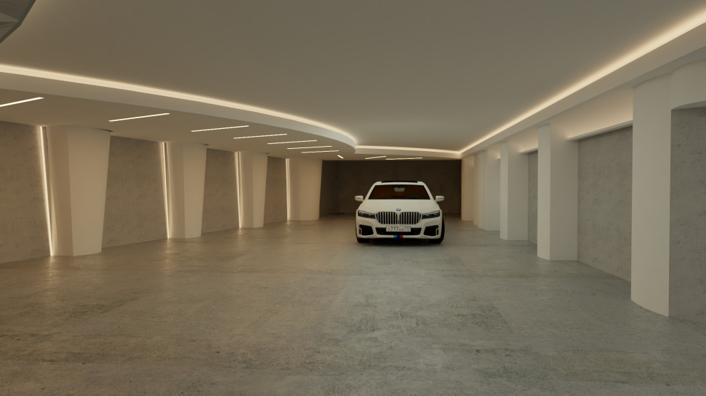 Cette image montre un grand garage pour quatre voitures ou plus attenant design.