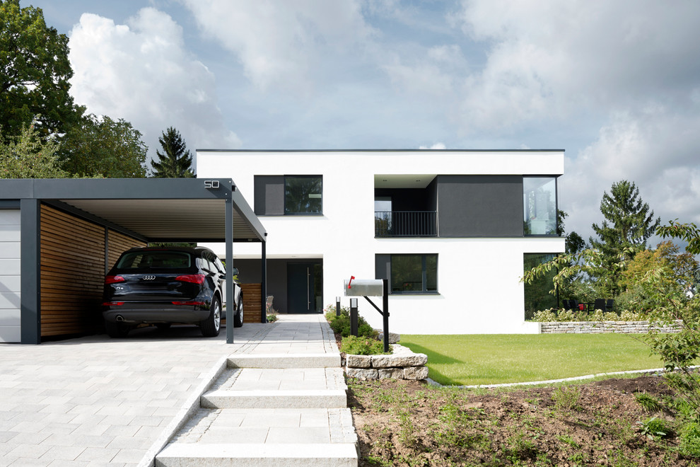 Идея дизайна: отдельно стоящий гараж среднего размера в современном стиле с навесом для автомобилей для одной машины